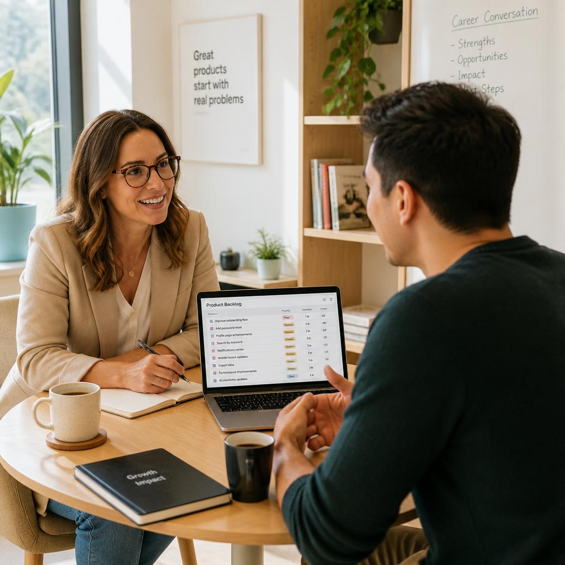 Career conversation over a laptop showing a product backlog