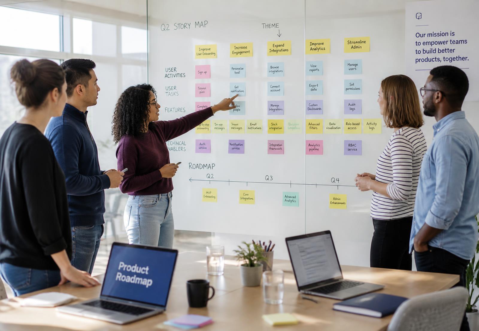 Product team mapping a release around a story map and roadmap