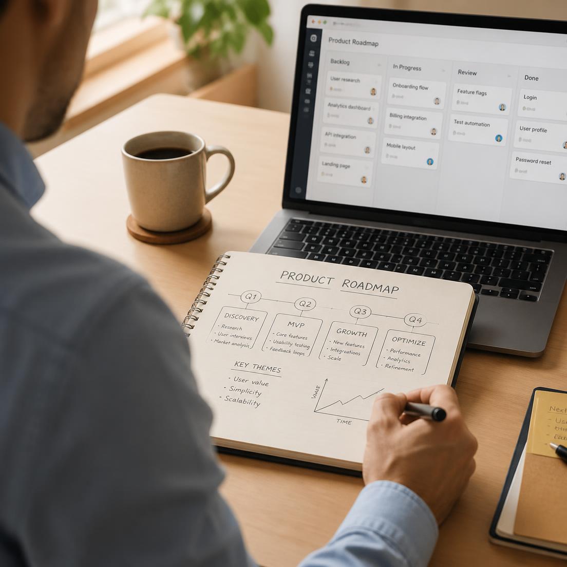 Founder's desk: a hand-drawn product roadmap beside a laptop showing a delivery board