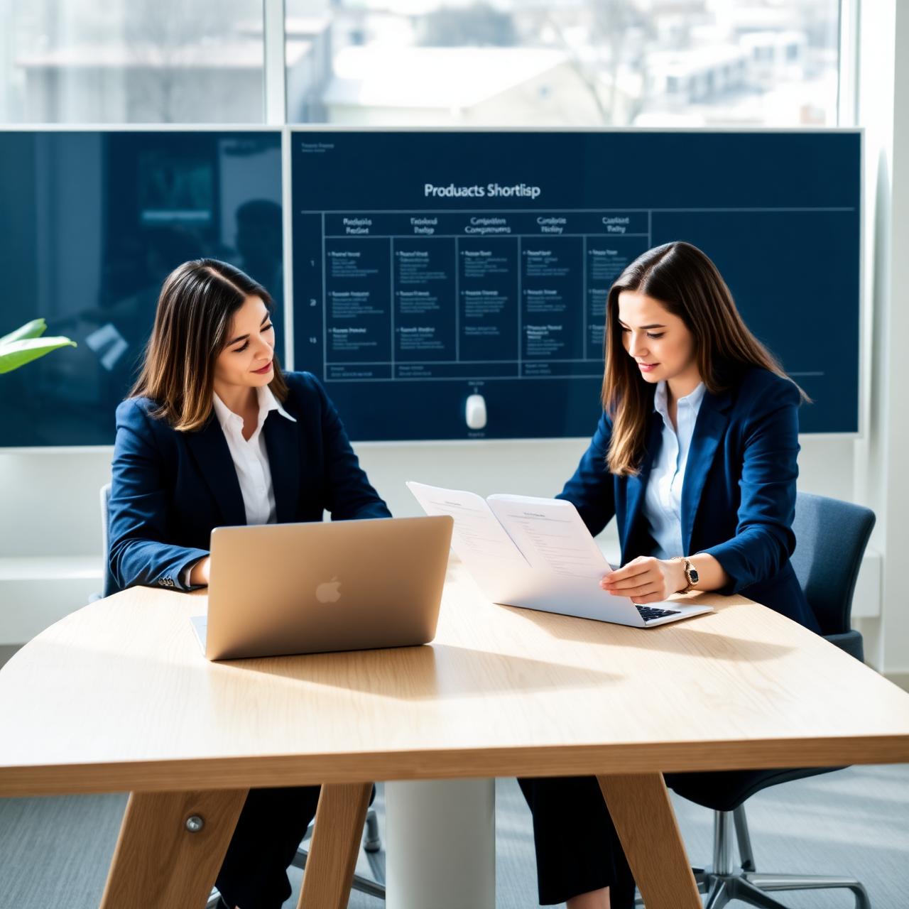 Two hiring managers taking a briefing for a product role in a bright meeting room