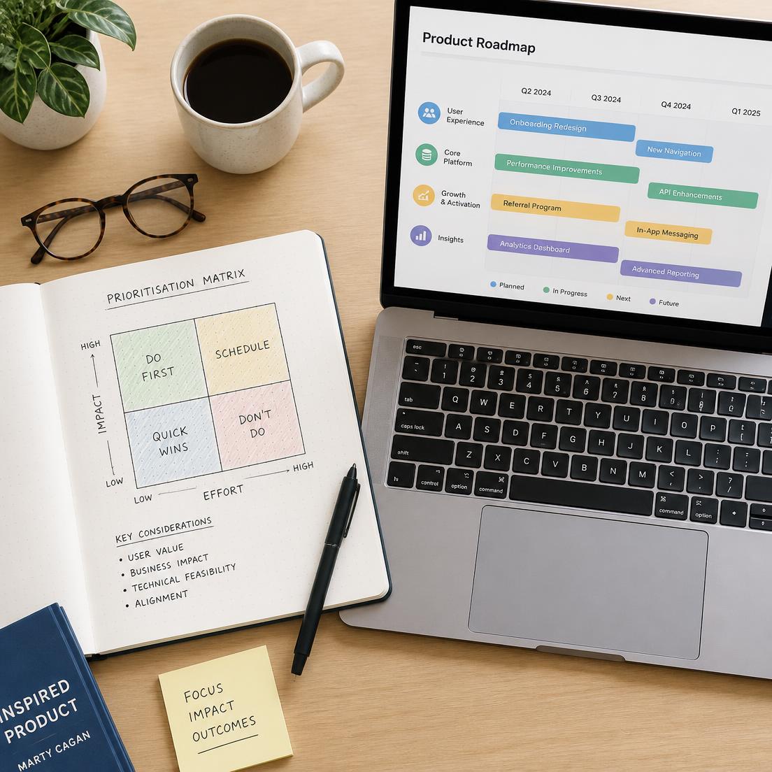 Notebook with a prioritisation matrix beside a laptop showing a product roadmap