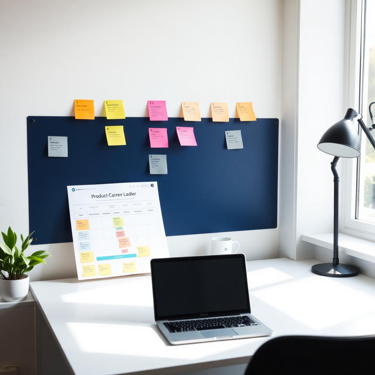 Bright workspace with a product career ladder chart and a backlog on a laptop