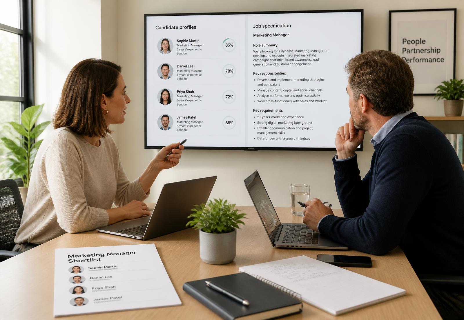 Hiring managers reviewing a product shortlist against a job specification